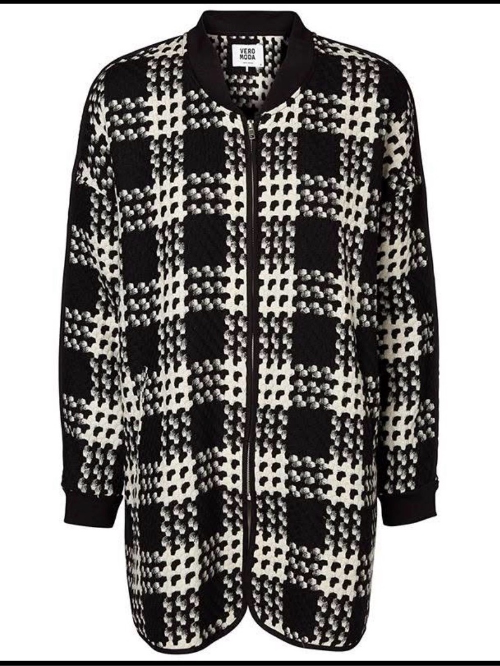 Vero Moda Black & White Houndstooth Zip-Front Knit Cardigan